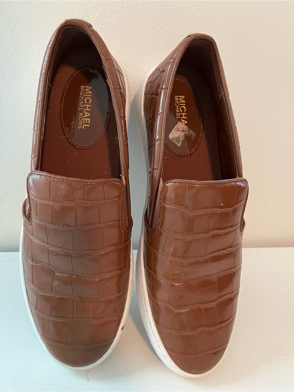 Michael Kors Men's Brown Croc-Embossed Slip-On Sneakers with White Sole